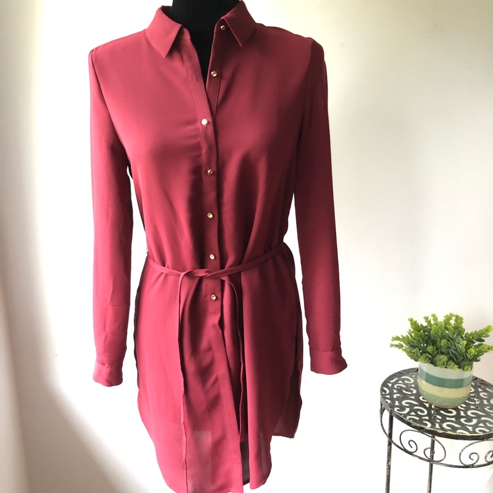 Le Chateau Dark Red Burgandy Blouse Tunic with Self Belt Size XXS